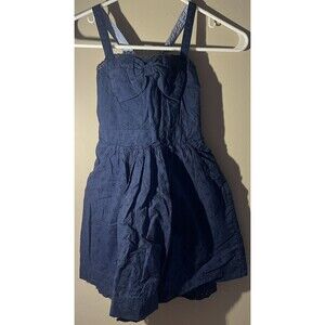 Cherokee Dress Girl Medium 7 8 Navy Eyelet Lace Lined Front Bow Elastic Back